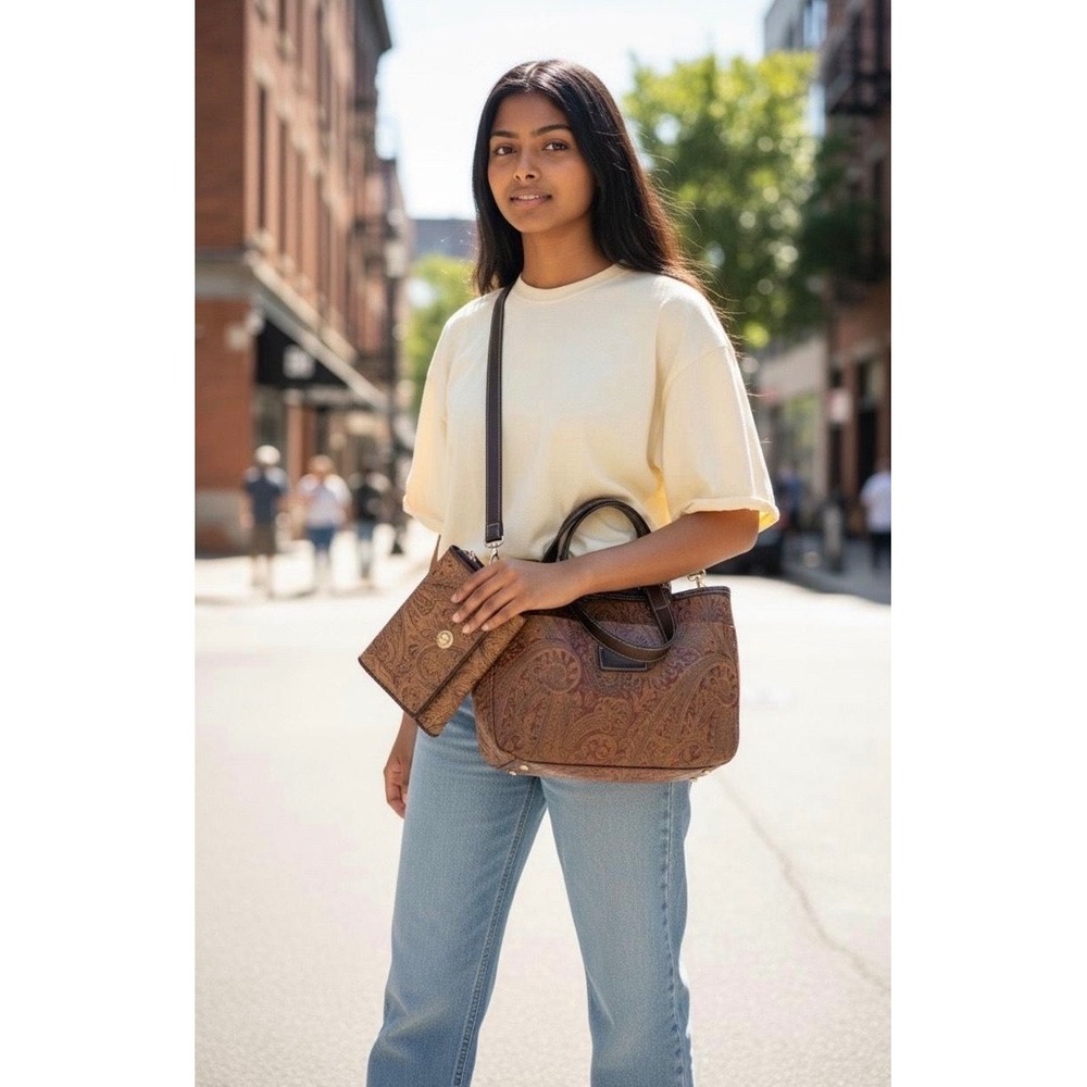 Relic Embossed Paisley Convertible Satchel Handbag and Wallet Set Brown‎